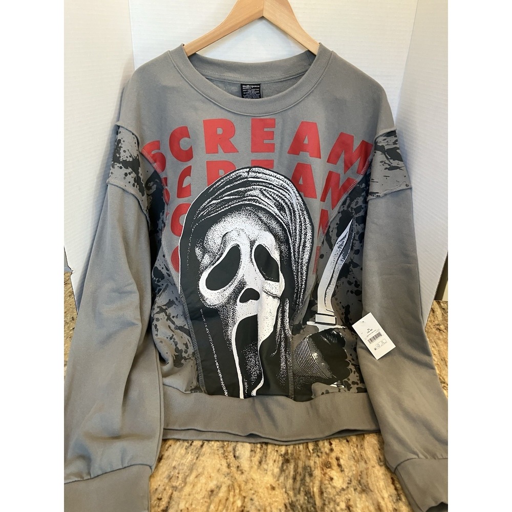 Mens XL Ghost Face Scream Gray Graphic Fleece Crewneck Sweatshirt Brand New